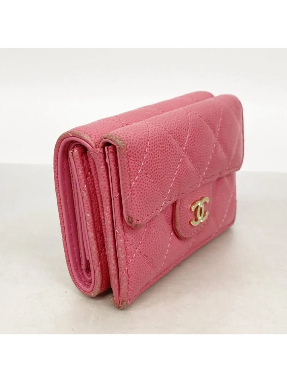 Chanel Trifold Wallet Quilted Caviar Leather Pink Gold